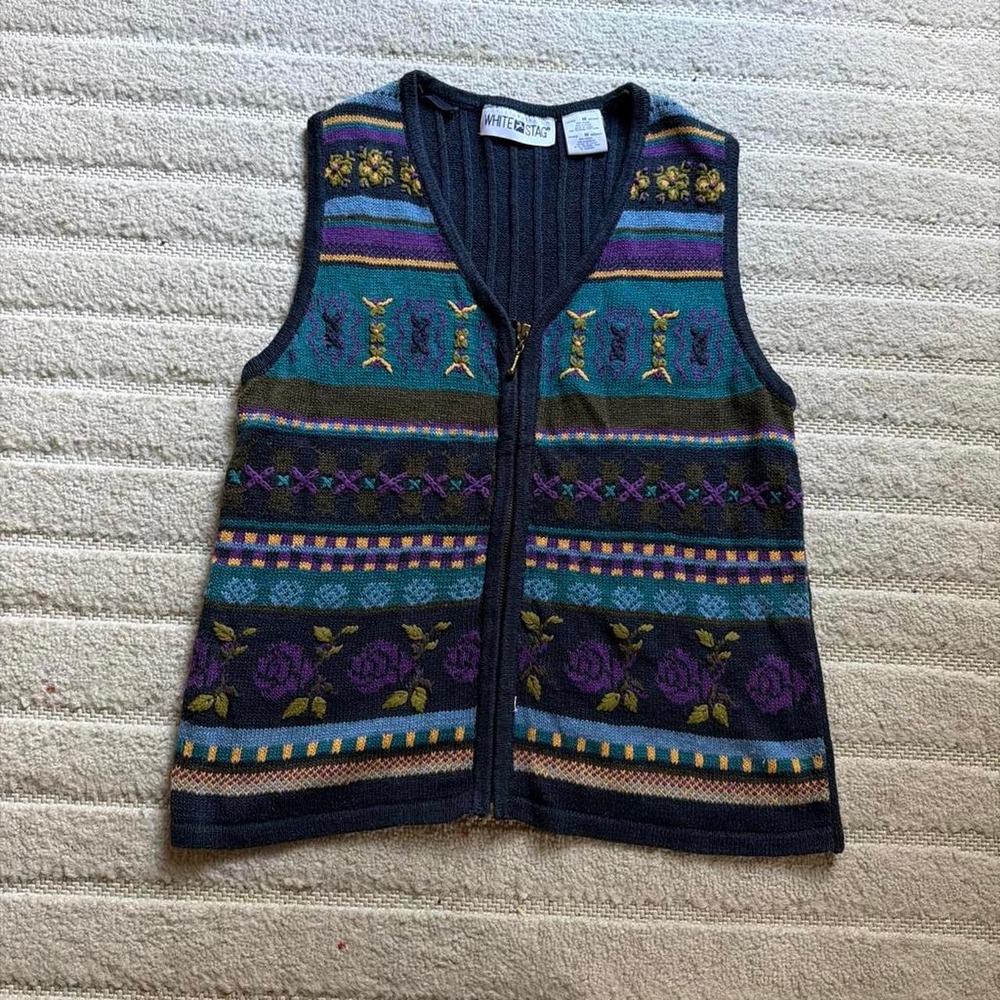 VTG 90s White Stag Zip Front Knit Sweater Vest Size M Geometric Floral Rose